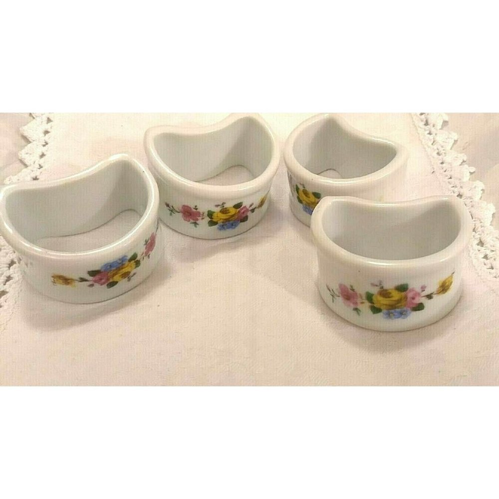 4 Porcelain Napkin Rings White with  Pink Yellow Purple Flowers Vintage